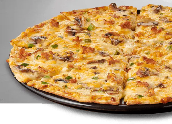Large pizza on a black plate