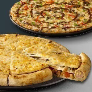 Large pizza and a crammed crust pizza